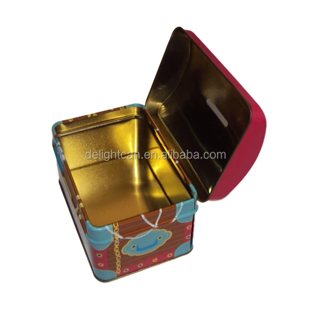 Empty tin box for money storage with hinged lid pillow shaped tin box coin collection