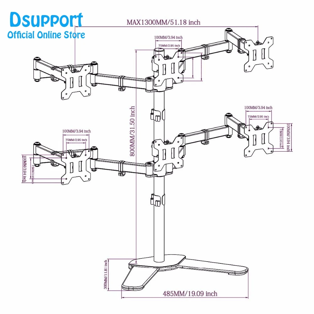 Six Arm LCD LED Monitor Stand Desk Mount Bracket Heavy Duty & Fully Adjustable 6 Screens 180 degree Pull Out Swivel Arm