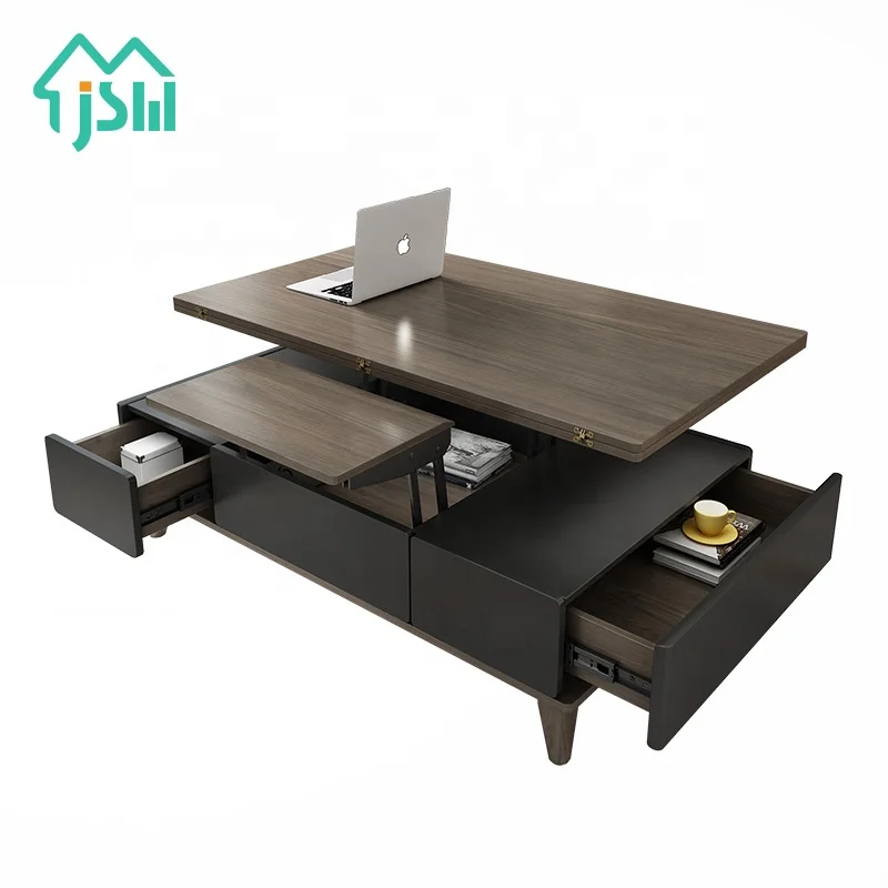 American Style Modern Extendable Storage Wooden Lifting Adjustable Height Black Coffee Table Furniture