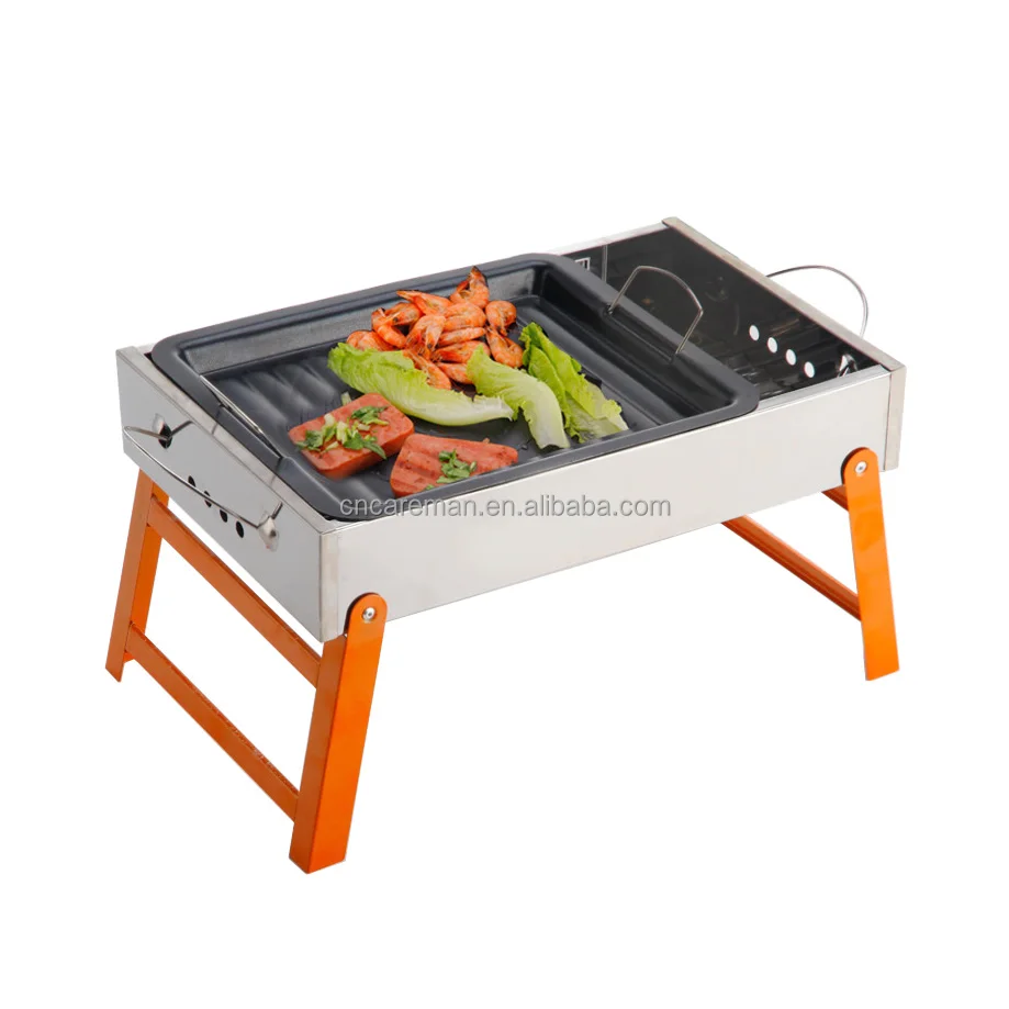 NEW Stainless Steel Folding Leg and Adjustable Height Table Top Charcoal Hibachi Barbecue Grill w/Non-stick Grill Pan 2 Way Use
