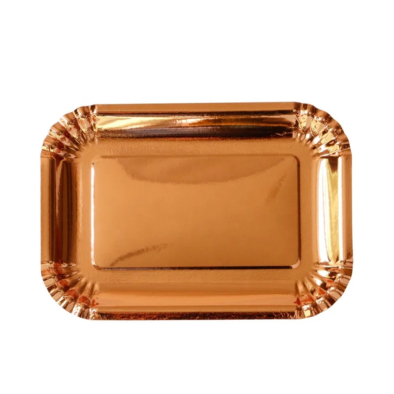Лидер продаж классические одноразовые прямоугольные бумажные тарелки из фольги розового золота 400 г/м2 10 5 дюйма