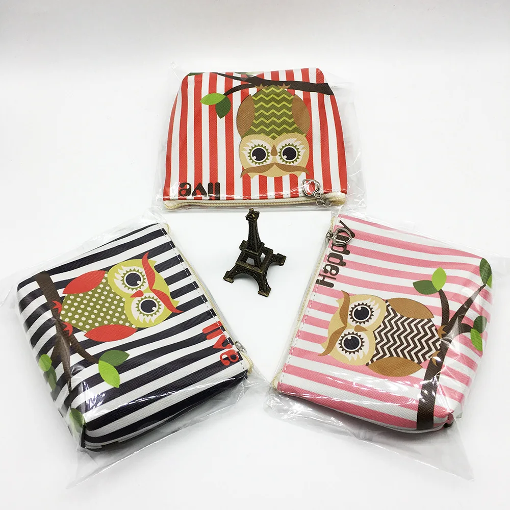 custom hot selling handmade stripe coin bag lovely animal design coin purse  cute owl design zipper wallet