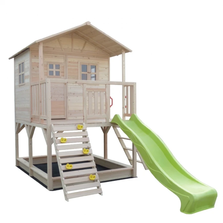 
Wooden Cubby House With Green Slide And Sandpit 
