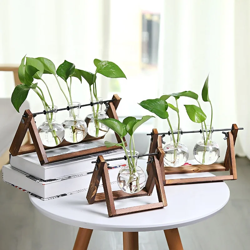 Modern Minimalist Clear Swing Glass Terrarium Vase Set Small Tabletop Ornament with Wooden Frame Base for Pot