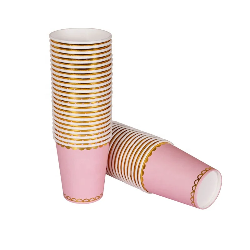 Wholesale New Hot Sell Disposable 250gsm  9 oz Pink Gold Border Paper Cups