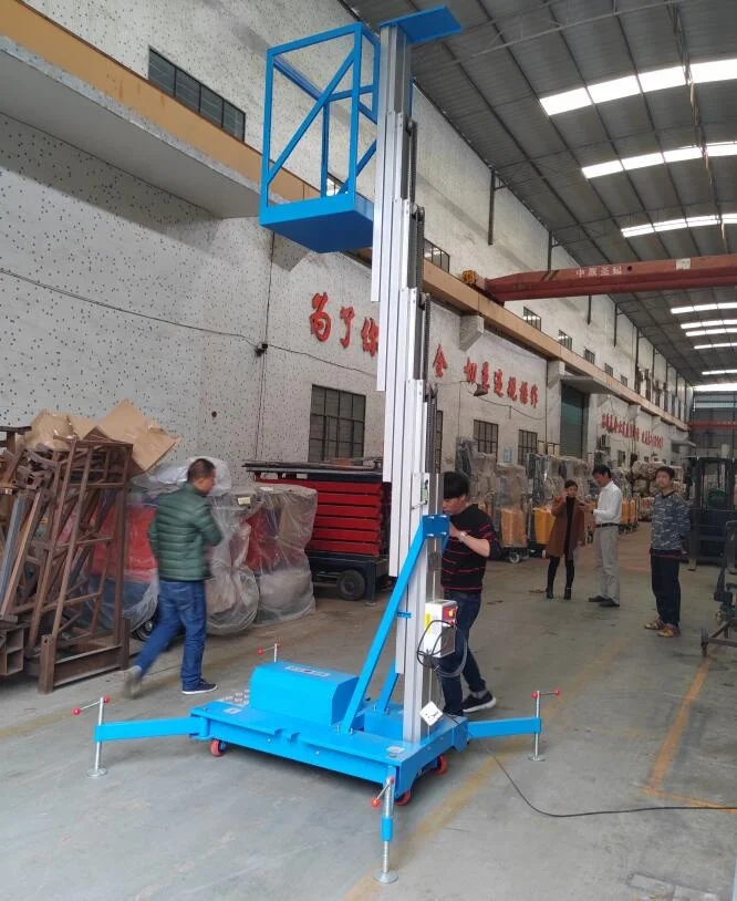Factory Direct Sell Mobile Elevated Lift Platform 125kg Aluminum Aerial Work Platform 0.62m-1.58m Table Size Single Mast Blue