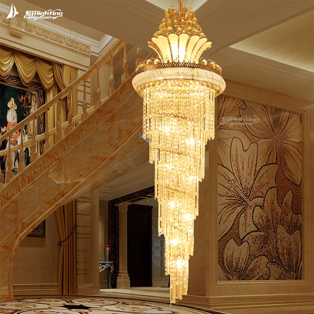Modern staircase gold finish crystal chandelier indoor lighting with  long crystal chandelier for hotel flat