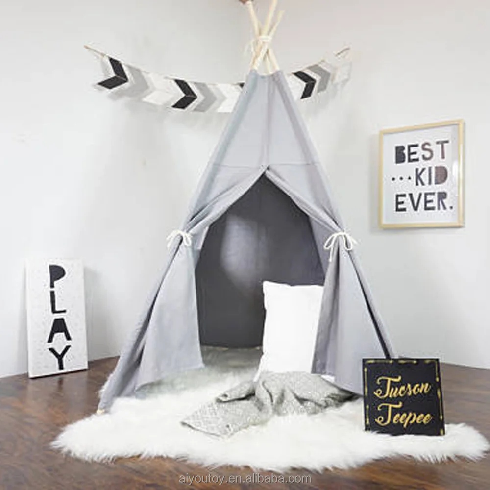 
AIYOU grey color 100% cotton canvas fabric wholesale indoor kids play teepee 