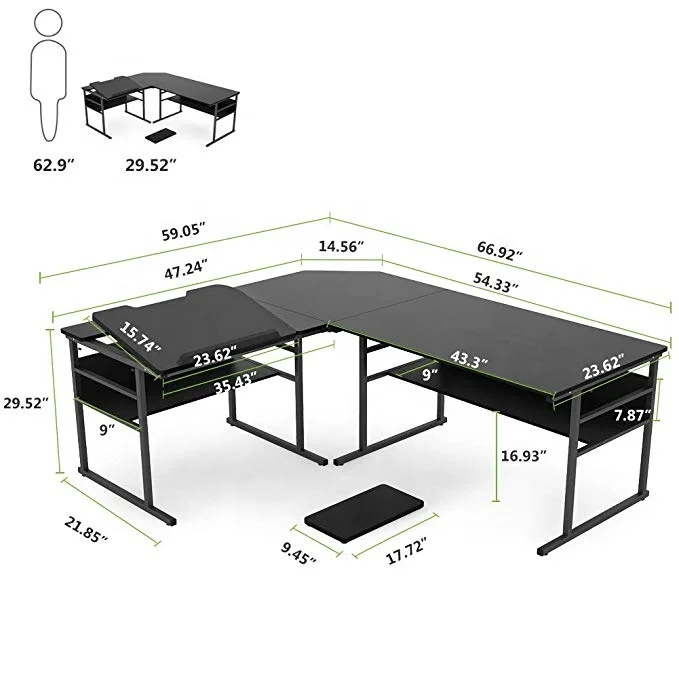 Modern L-Shaped Desk with Bookshelf Home Workstation Desk Long Corner Game Table Monitor Stand Modern Wooden Computer Table