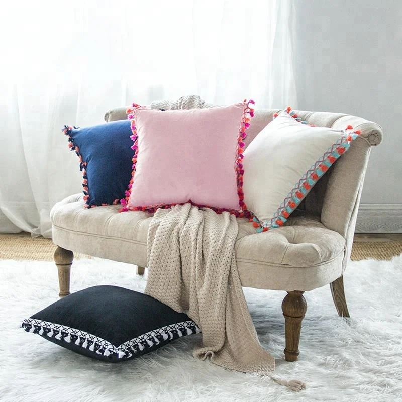 China Spun Wholesale Sofa Cover Polyester micro Italian Super Soft Velvet Fabric Cushion Cover with tassel fringe trim