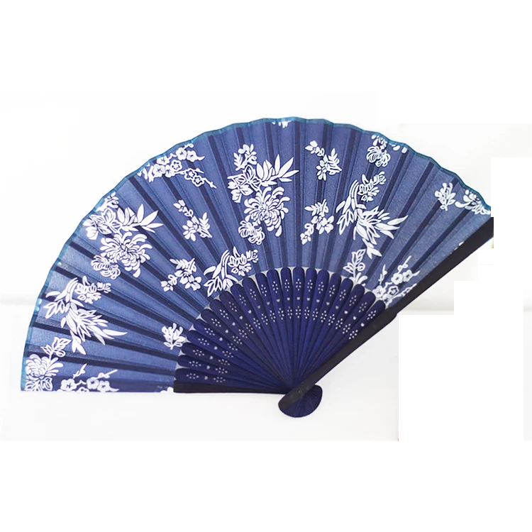 Orchid Printed Silk Bamboo Ribs Folding Hand Fan Dark Blue