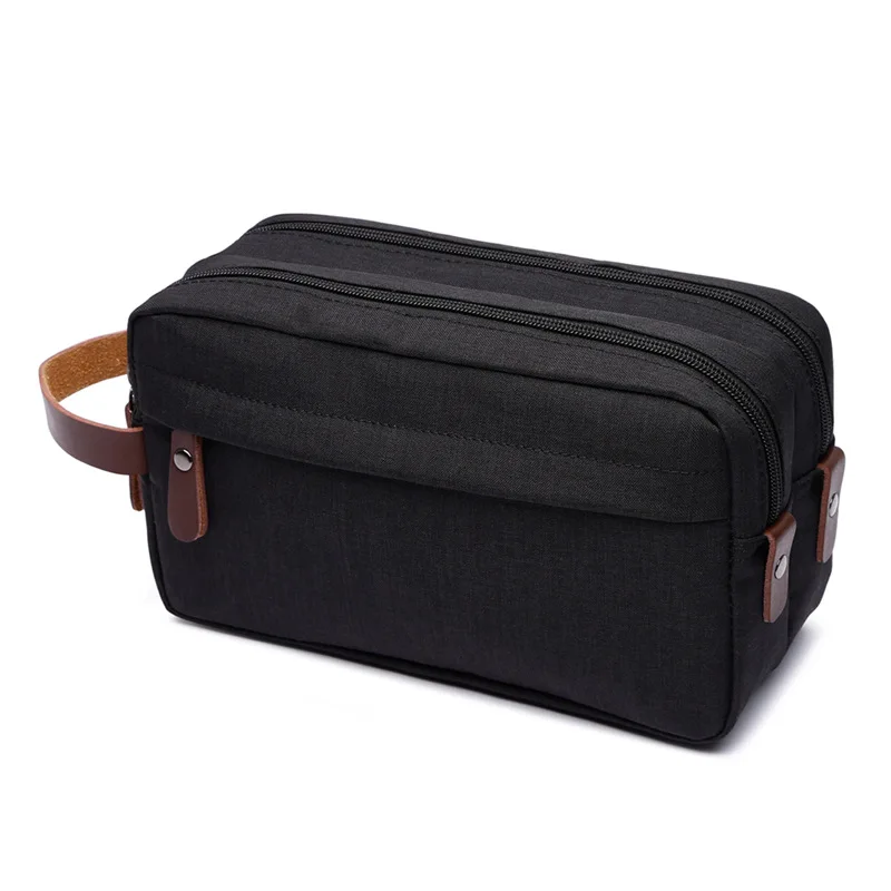 Travel traditional doppsac double zipper canvas mens toiletry bag shaving dopp case dopp kit bag with leather handle