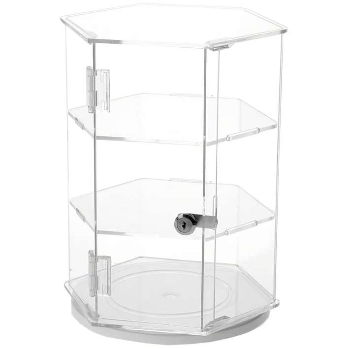 Hexagonal 2 Shelves Locking Rotating Base Watch Ring Glass Acrylic Counter Display Box Case
