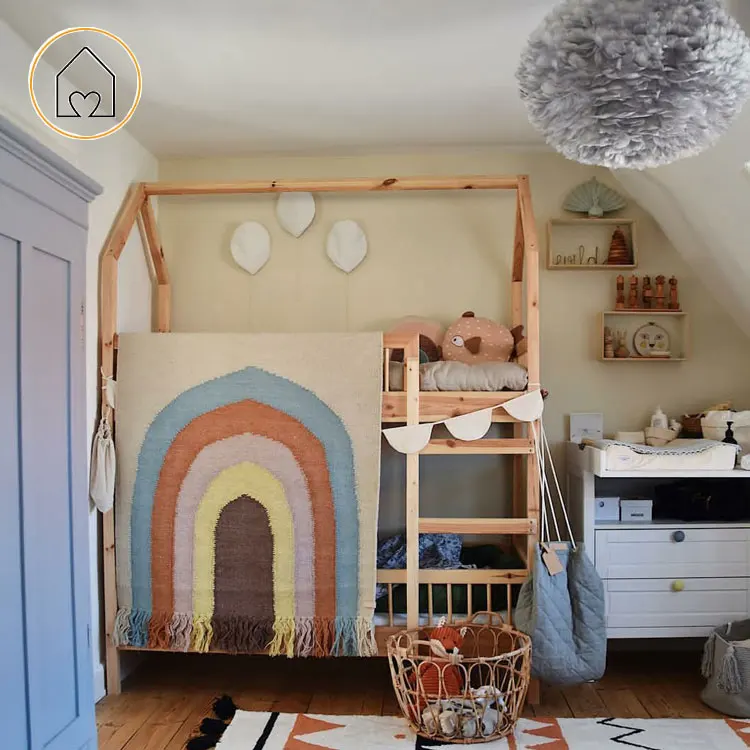 Home decor kids bedroom furniture solid pine wood house shape bunk bed for sale