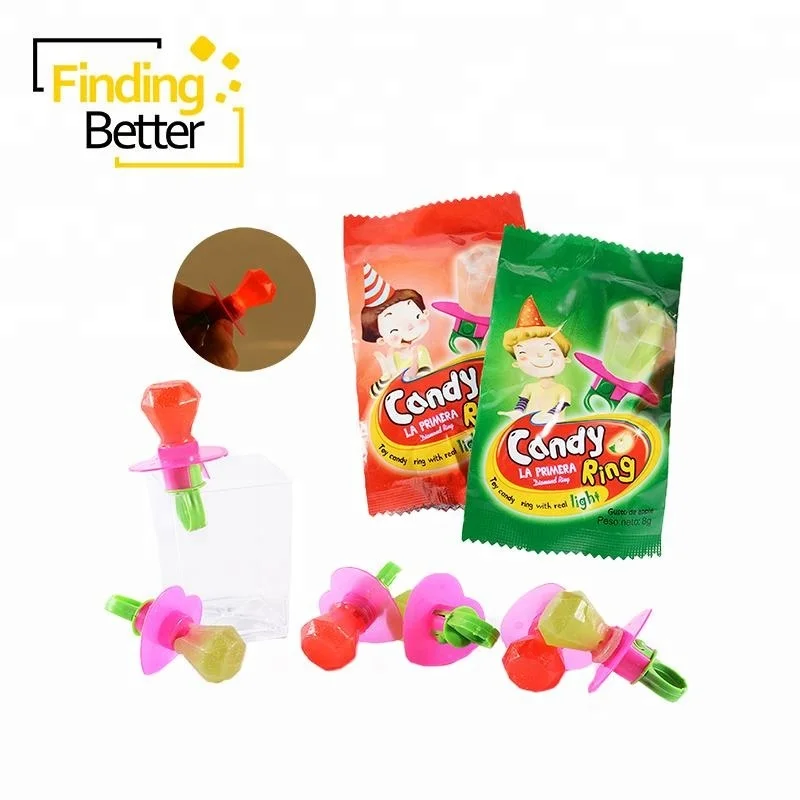 
Hot Sale Light up Plastic Ring Shaped Hard Crystal Candies Fruit Flavor Pop Lollipop Candy Diamond Ring Candy 