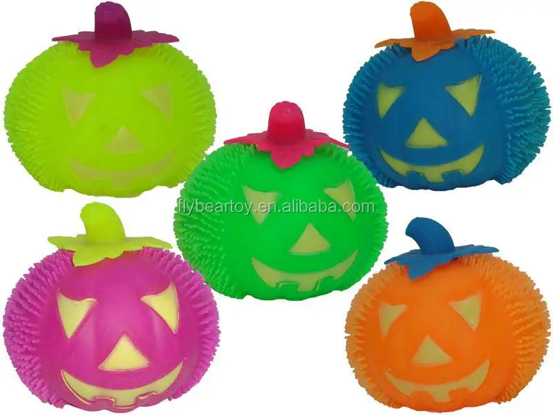 Different Color Hairy Tpr Puffer Ball Toys Squeeze Flashing Halloween Pumpkin Led Spick Puffer Ball Stress Reliever Balls Toy