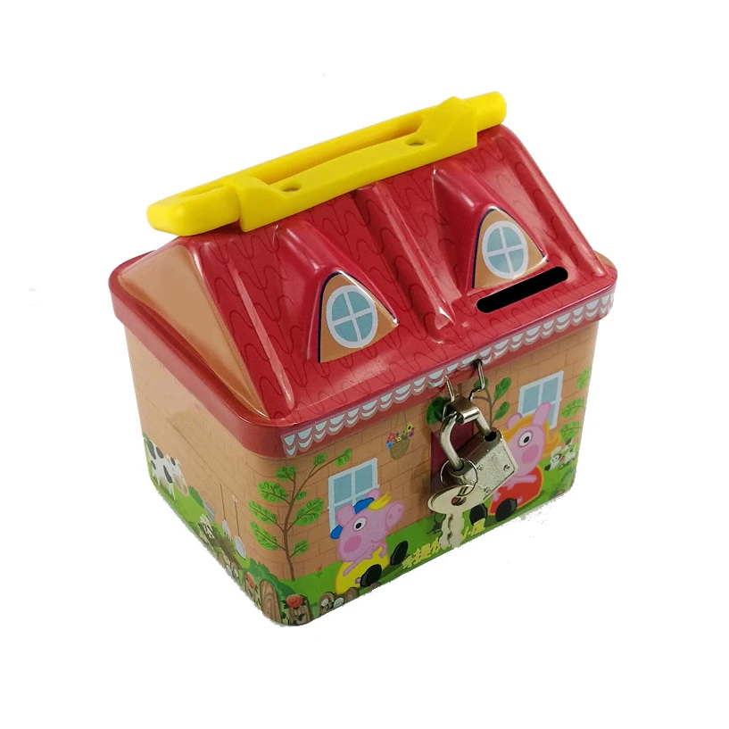 Color Graphic Metal House Shape Children Holiday Promotion Gift Money Saving Tin Box