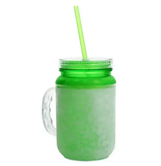 Acrylic Freezer Mason Jar,Frosty Mug mason jar tumbler with lid and straw,Double wall acrylic Frosty Mason jar with Freezing Gel