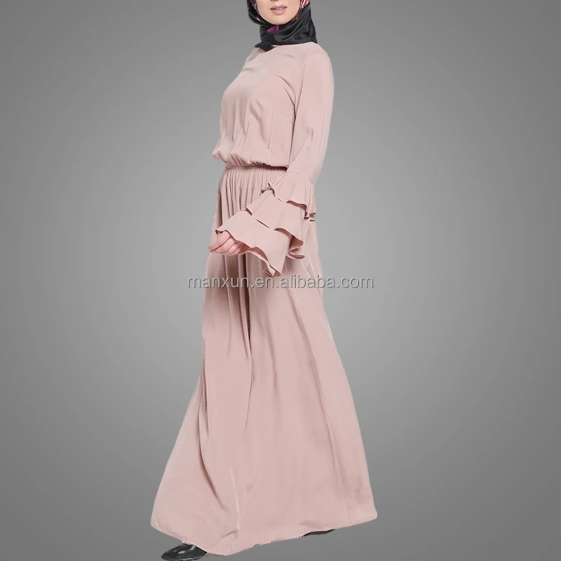Удобное светло-розовое платье макси с длинными рукавами и рюшами, мусульманская одежда, исламский джилбаб, оптовая продажа в Китае, платье, платье