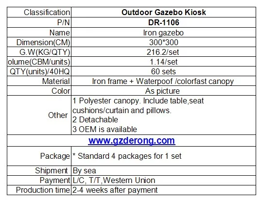 3*3 meter outdoor garden wrought Iron gazebo with water proof canopy,curtain and sofa set inside, DR-1106
