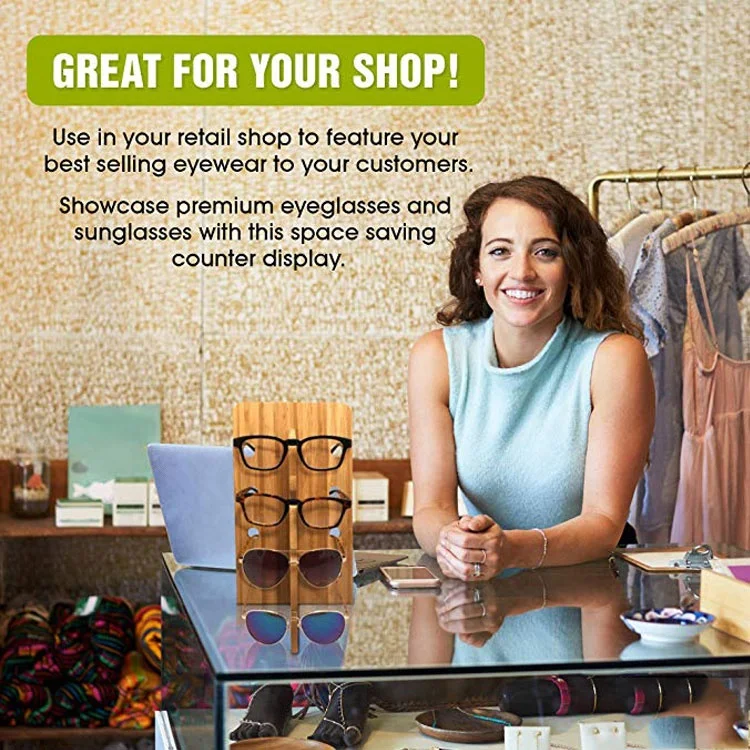 
Bamboo vertical eyewear organizer stand sunglasses display rack with holds 4 pairs 