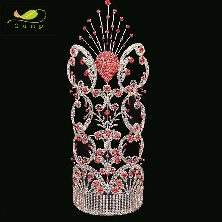 20 inches AB stones Big Pageant Red Rhinestone Beauty Crown Crystal Tall Tiara