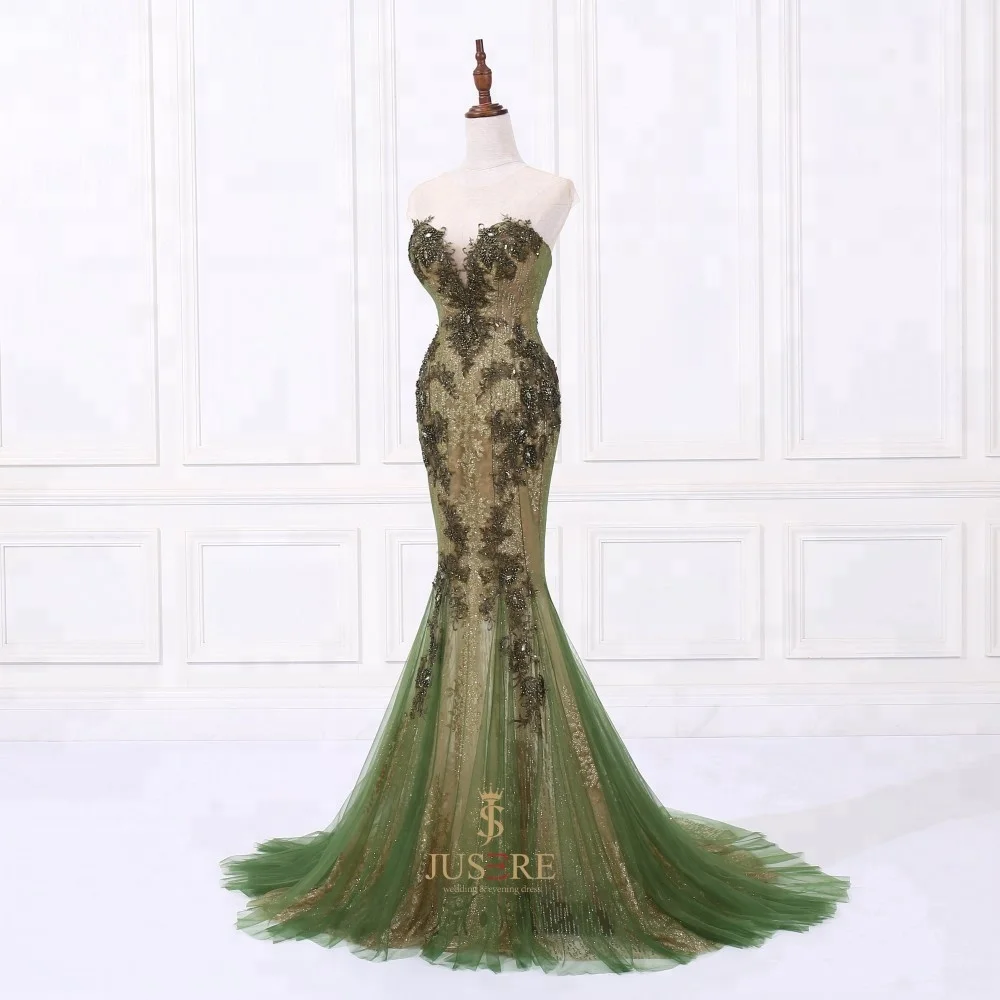 Green Mermaid Embroidered Plunging Neckline Sweetheart  Women muslin Evening Dress Prom Gown