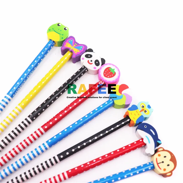 Office School Supplies Students Children Gift  Colorful Stripe Wooden Pencil With DIY Detachable Novelty Cartoon Animal Eraser