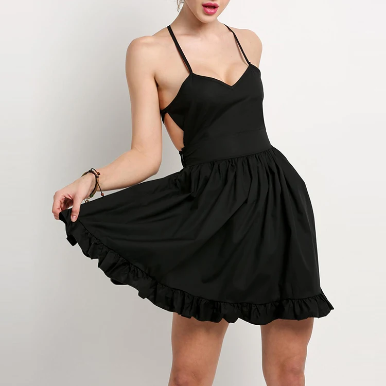 Black Backless Cross Strap Ruffles Hem Dresses Women Lady Sexy
