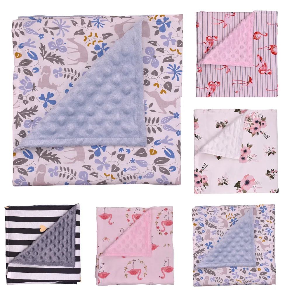 
Newborn Baby Reversible Soft Minky Baby Blanket Kids Printed Minky Dotted Backing Blanket for Stroller Crib Receiving Blanket 