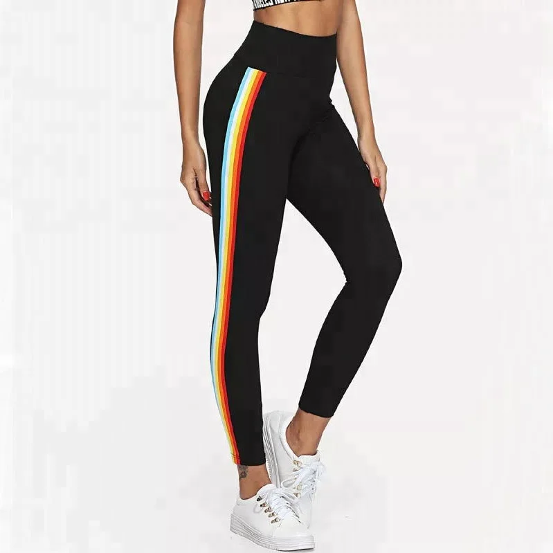 
Women Compression Spandex Fabric Plus Size Rainbow Stripe Yoga Legging 