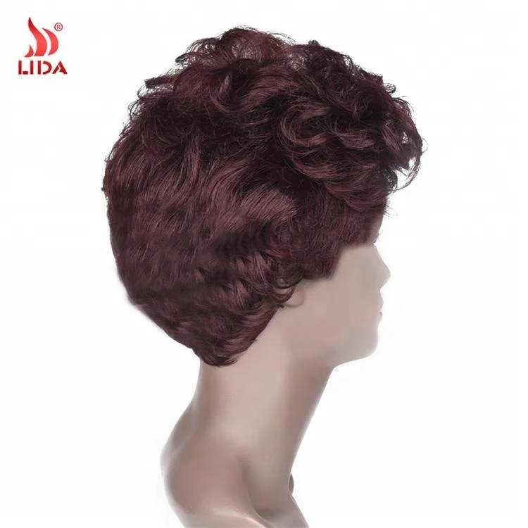 Lida synthetic Short Afro Curly Wine Red 99J# 4inch 6044 old lady Wig