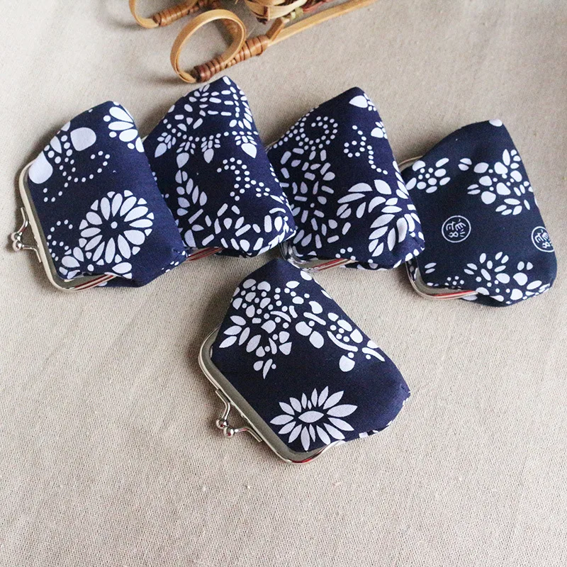 customized cheap promotional metal frame coin bag retro ethnic blue cotton mini snap coin purse
