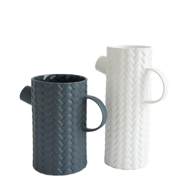 Attractive braid pattern embossed nordic ceramic candle jar / home goods vase