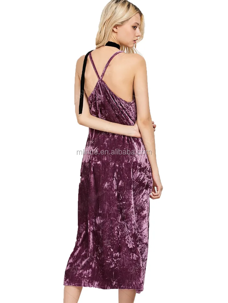 
Mature Young Ladies Fashion New Holiday Beautiful Dress Sexy Side Split Backless Purple Crushed Velvet Dresses Women 
