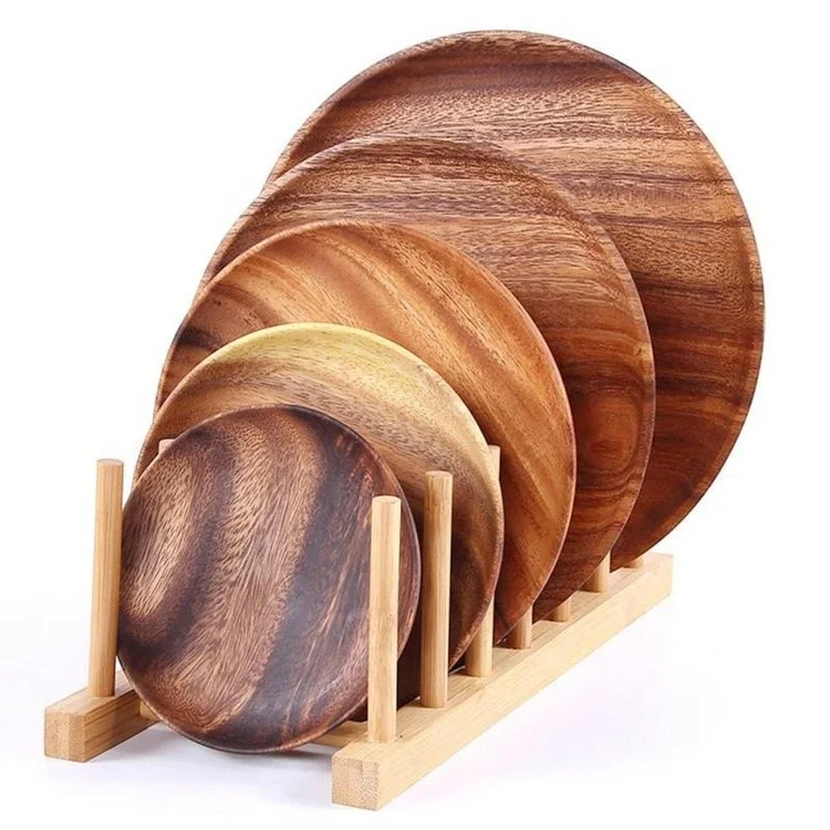 Wholesale Luxury Home Decor Custom Logo Carved Large Natural Wood Plate Dishes Round Walnut Wooden Food Serving Platters Tray