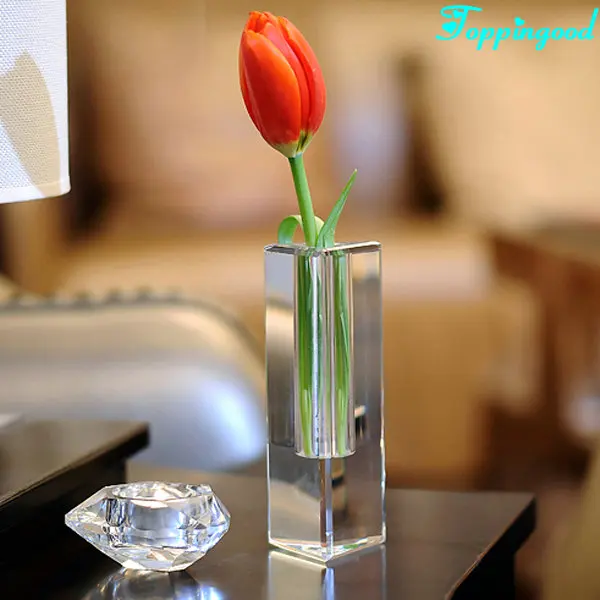 Cube Pillar Shape Crystal Flower Vase For Business Table Decoration