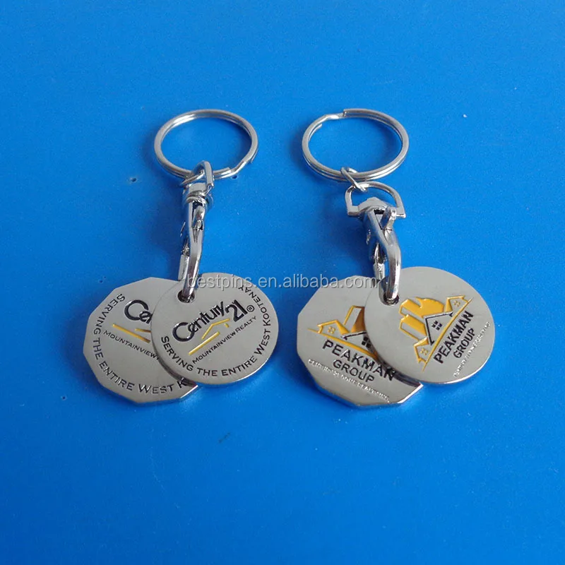metal canadian quarter and loonie two coin together keyrings, custom stamping shopping grocery cart token coin key chains