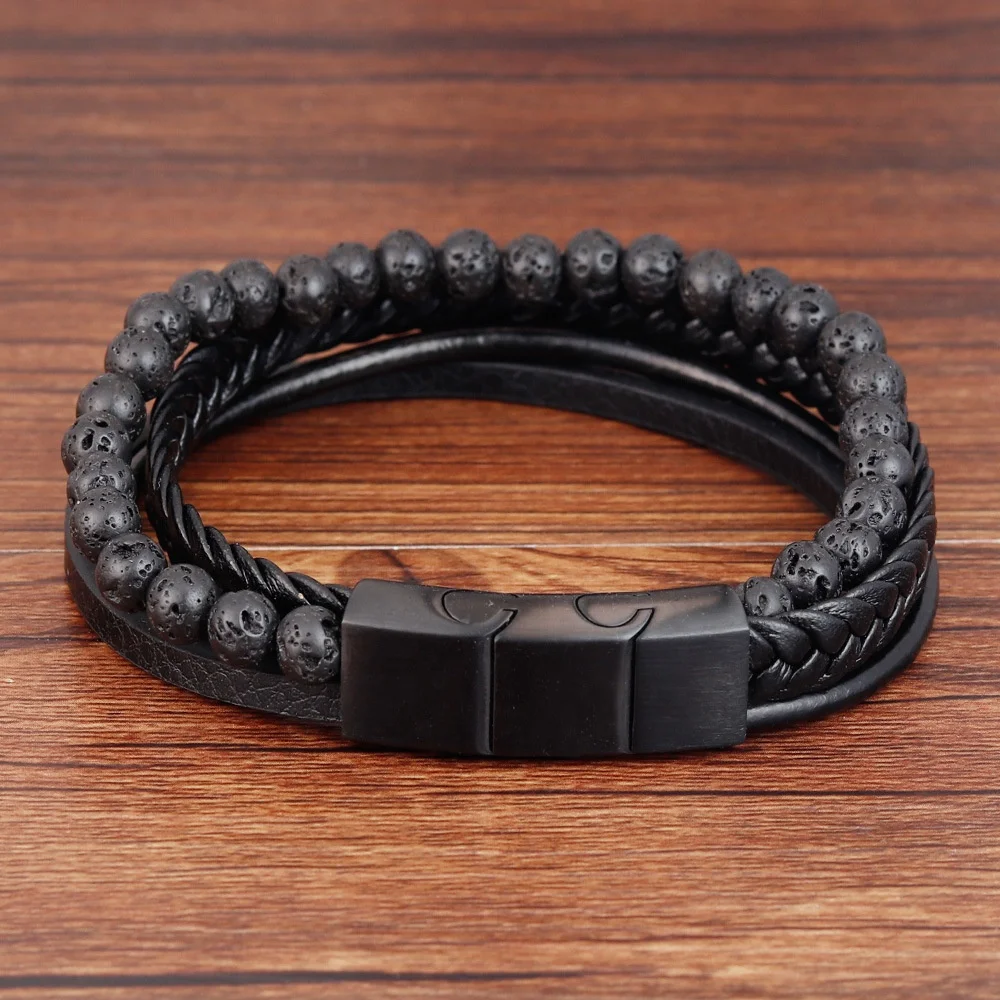 Mens Nature Meteorite Bead Stone Black Leather Bracelet Top Sellers 2019 for Amazon