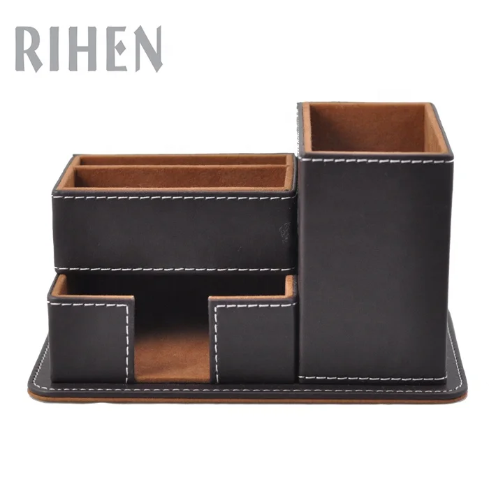 Коричневый кожаный держатель для записей, настольный органайзер для ручек с часами