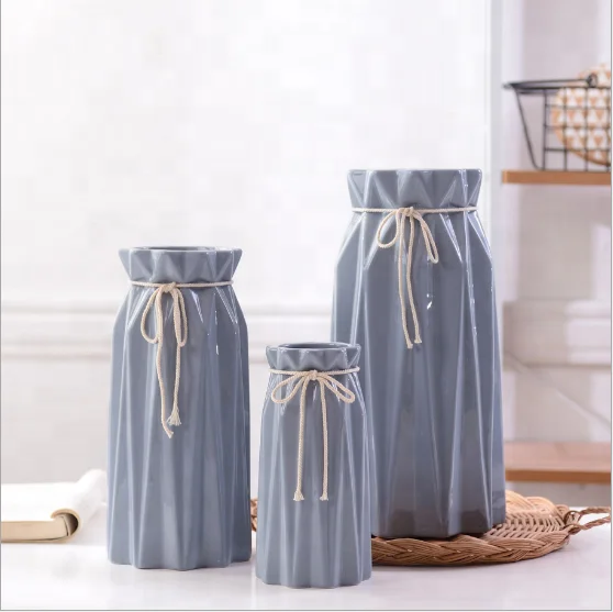 Origami ceramic vase floral four-color pink gray blue green white with twine