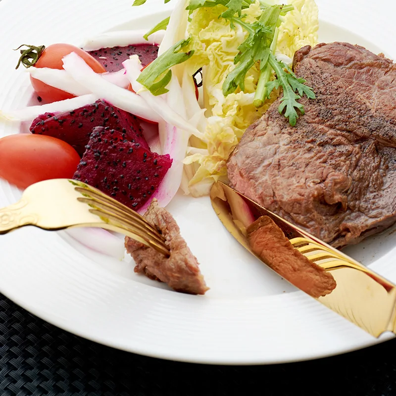 Wholesale wedding tableware stainless steel metal kings palace luxury golden cutlery with carving knife and fork set