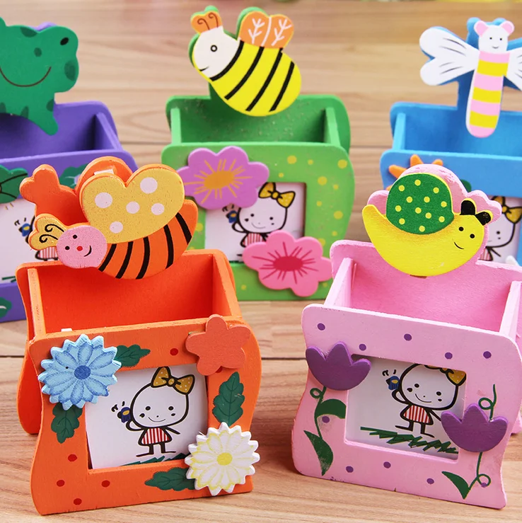 Creative stationery photo folder animal photo frame pen holder wooden cartoon pen holder