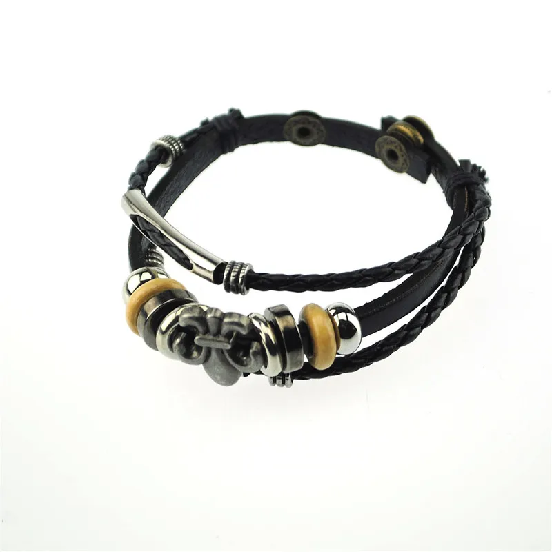 Cheap Wholesale Mens Punk Anchor wristband Skull Charms Leather Wrap fashion Men Bracelet leather