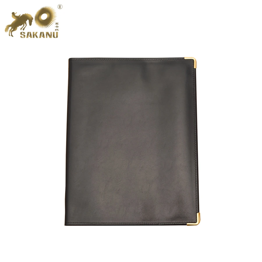 New Classic Black Leather Writing Pad Folio Brass Edges Portfolio Note Cover