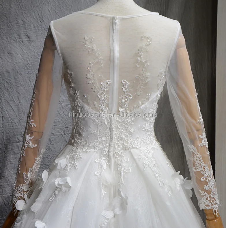 NW1273 Scoop Neckline Long Sleeve 3D Flower Lace A-line Elegant Wedding Dress With Detachable Train