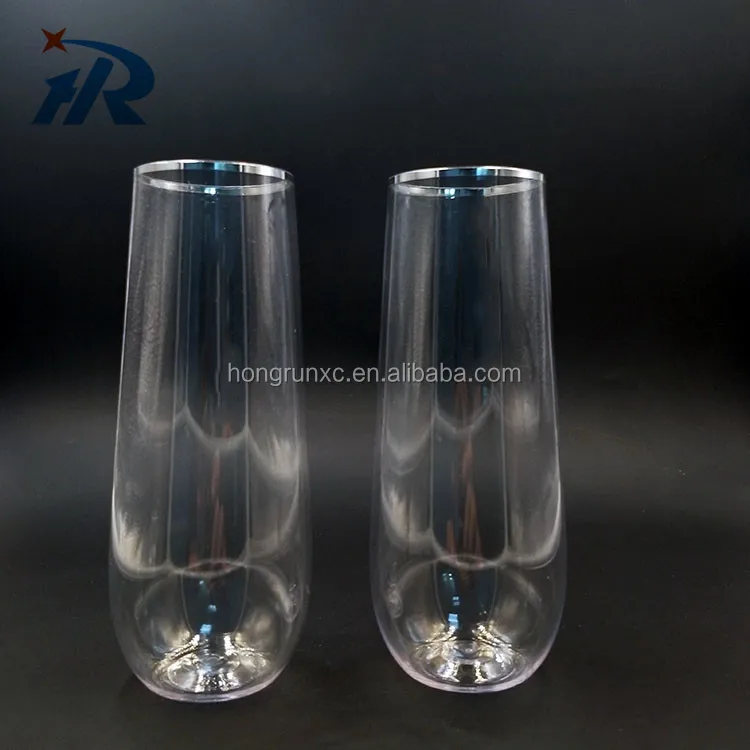 
Silver rim 9oz disposable recycled plastic champagne flutes 