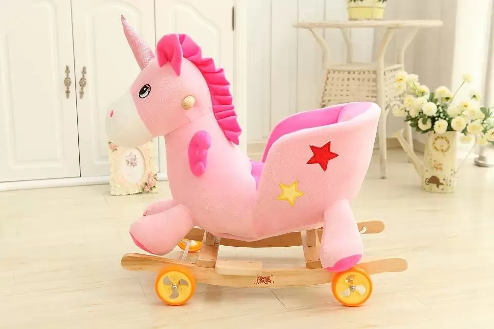 60*35*50cm Adorable ICTI and Sedex audited new design plush rocking pink unicorn animal chair toy with wooden base&music
