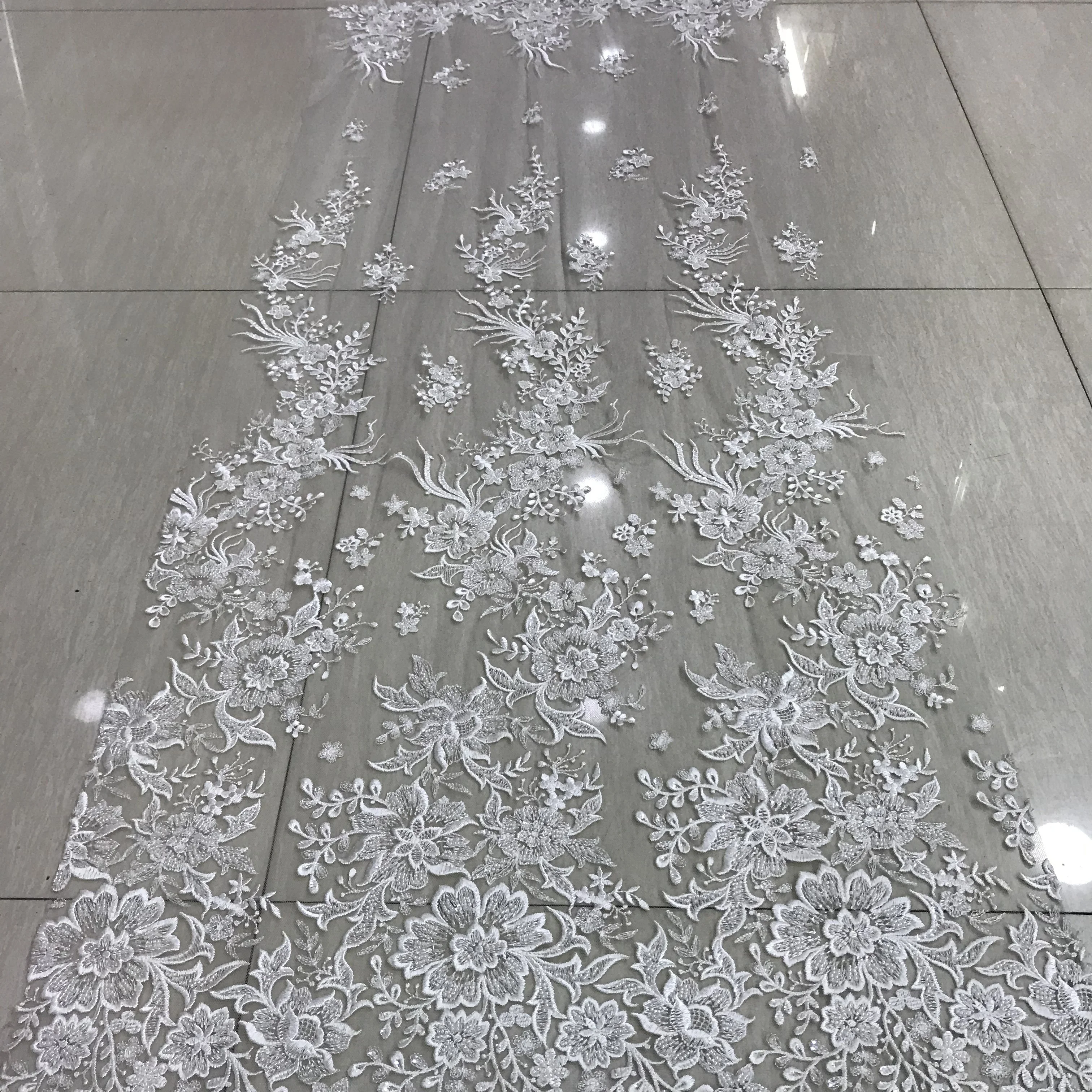 flower motif encrusted beads haute couture lace mateiral fabric