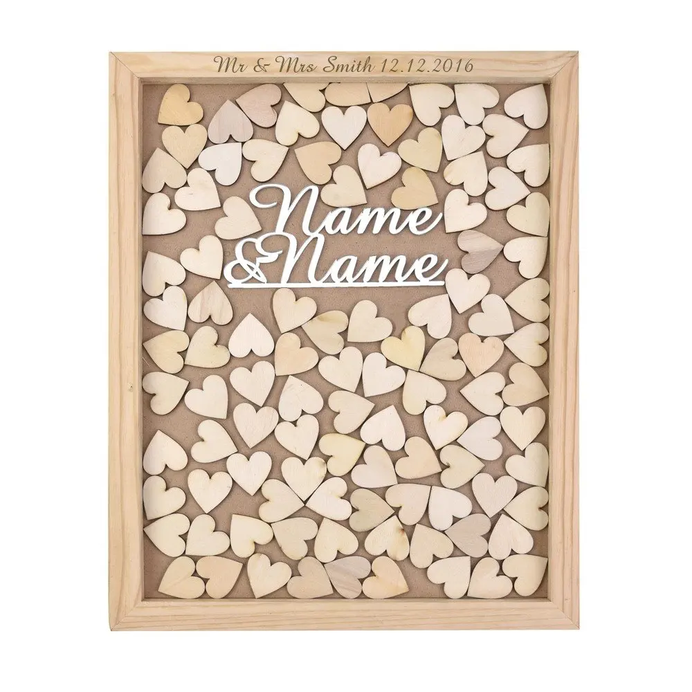 Customized Wood Wedding Memory Guest Book Heart with 120Pcs Hearts Decor